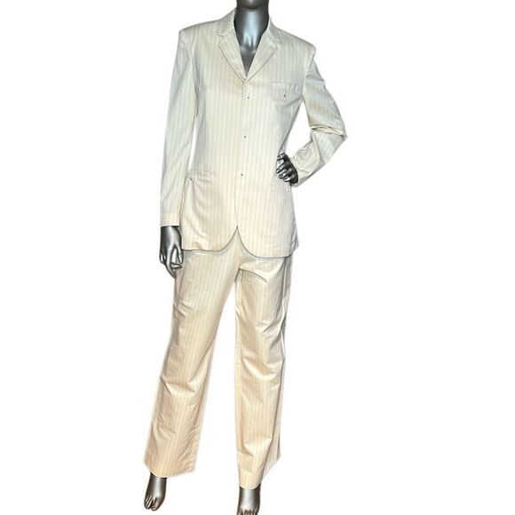 Vintage Jean Paul Gaultier Femme Ivory Pinstripe Suit Set Blazer & Pants (304) - Picture 1 of 16